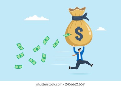Businessman carries large money bag with banknotes falling out of big hole, illustrating losing money from investment mistakes. Concept of taxes, expenses, mutual fund costs and financial problems