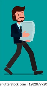 A businessman carries a large stack of blank sheets of paper. Flat character vector illustration.