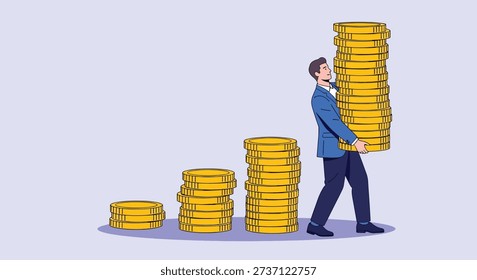 A businessman carries a large stack of gold coins, symbolizing financial success and investment growth.