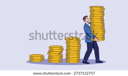 A businessman carries a large stack of gold coins, symbolizing financial success and investment growth.