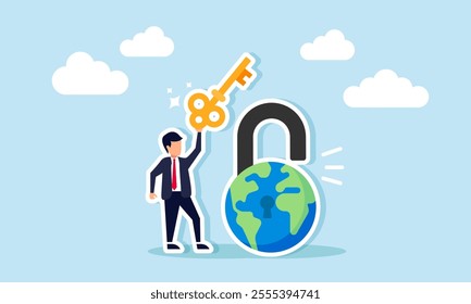 A businessman carries and lifts a key from a padlock shaped like the globe, illustration of finding solutions to grow a business to an international scale