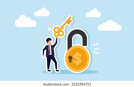 A businessman carries and lifts a key from a padlock shaped like a dollar coin, illustration of finding the right solution for stabilizing company finances