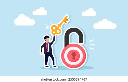 A businessman carries and lifts a key from a padlock shaped like a target board, illustration of finding solutions to achieve business goals