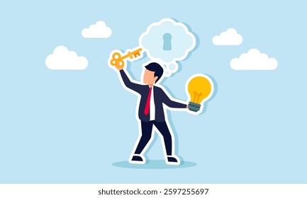 A businessman carries a light bulb and a key to insert into a keyhole in a cloud of imagination, illustration of business solutions use creative think about ideas and innovation