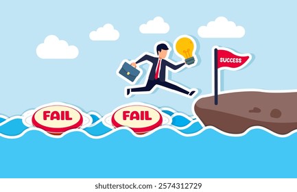 Businessman carries a lit lamp jumping over and through a lifebuoy labeled fail to cross the water and reach land, illustration of overcoming failures with business innovation to achieve success