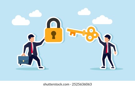 A businessman carries a lock while another carries a key to combine, illustration of business collaboration in finding joint solutions to business problems or a win-win solution