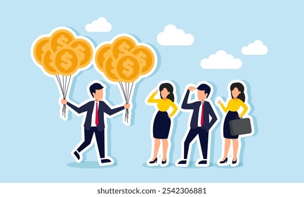 A businessman carries many dollar coin balloons and shows them to a business partner, illustration of showcasing investment assets to a business partner