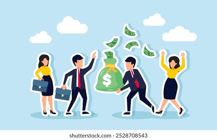 A businessman carries a money bag with cash flying around, celebrated by his business partner, illustrating appreciation for a partner's success in generating profit  