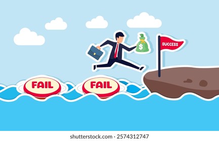 Businessman carries a money sack jump over and through a lifebuoy labeled fail to cross water and reach land, illustration of overcoming failures with stable finances to reach success