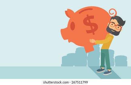 Businessman carries on his two arms his big piggy bank for economy purposes saving money is very important. A contemporary style with pastel palette soft blue tinted background. Vector flat design