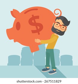 Businessman carries on his two arms his big piggy bank for economy purposes saving money is very important. A contemporary style with pastel palette soft blue tinted background. Vector flat design