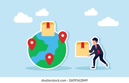 A businessman carries a package box toward a globe with a location pin and package icon, illustration of international or global scale logistic business
