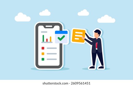 A businessman carries a part to complete a project report in the form of a chart, illustration of arranging or creating a digital-based project report