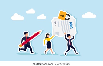 Businessman carries a pencil chasing a businessman and businesswoman run together lifting a locked NDA document, illustration of maintain the confidentiality of a company document