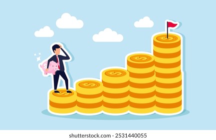 Um empresário carrega um mealheiro, com a intenção de subir um gráfico feito de moedas, ilustrando o entusiasmo de investir para crescer e desenvolver ativos