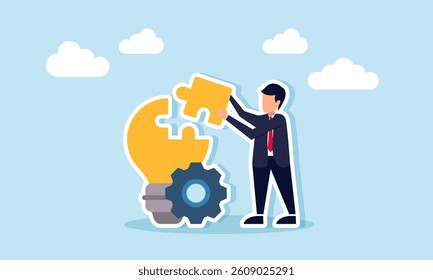 Businessman carries a puzzle piece to complete a light bulb with a gear in front of it, illustration of completing existing business ideas and innovations
