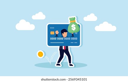 A businessman carries a sack of money stuck on a debit or credit card with dollar coins falling from his pocket, illustration of financial assets seized and reduced due to debt burden