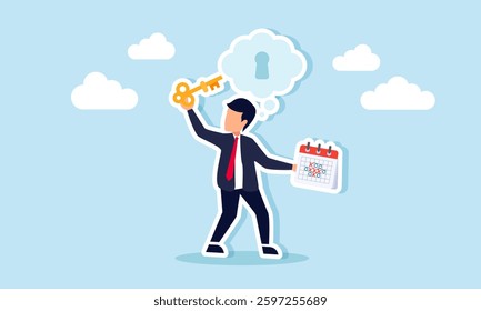 A businessman carries a schedule and a key to insert into a keyhole in a cloud of imagination, illustration of business solutions using effective and efficient thinking on time management