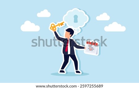 A businessman carries a schedule and a key to insert into a keyhole in a cloud of imagination, illustration of business solutions using effective and efficient thinking on time management