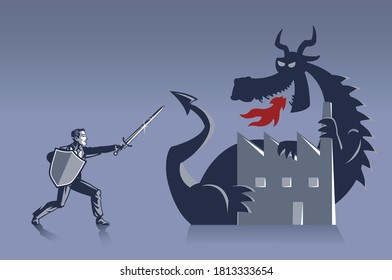 Businessman Carries Shield and Sword Fighting Fire Breath Dragon Monster. Illustration Concept of Business People Facing Huge Obstacle and Challenge at Work  