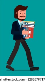 A businessman carries a stack of folders. Flat character vector illustration.