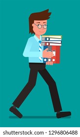 A businessman carries a stack of folders. Flat character vector illustration.
