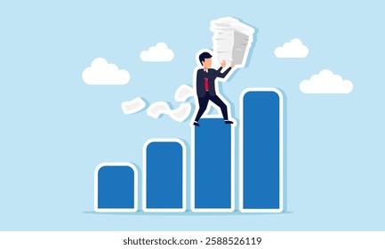 A businessman carries a stack of paperwork while climbing a chart to reach the top, illustration of hard work in achieving and increasing business company valuation