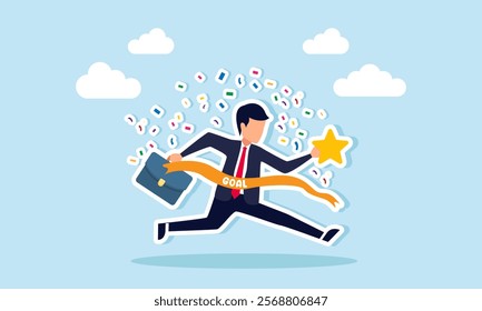 A businessman carries a star celebrating success while passing through a cloth with the word GOAL, illustration of achieving and improving business quality