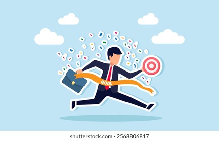 A businessman carries a target board celebrating success while passing through a cloth with the word GOAL, illustration of achieving and completing business targets