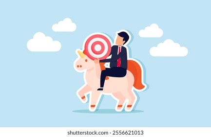 A businessman carries a target board while riding a unicorn, illustration of discipline in achieving business targets to sustain the growth of unicorn-level startups