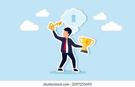 A businessman carries a trophy and a key to insert into a keyhole in a cloud of imagination, illustration of business solutions using thoughts on becoming a leading company