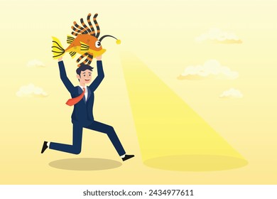 Businessman carry angler fish use as flashlight to guide the way, business direction, flashlight to see opportunity, spotlight to bright success future, leadership, aptitude to solve problem (Vector)