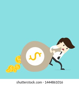 Businessman carry bag with golden coins fall out from money bag in flat style.