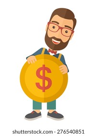 A businessman carry big coin of money with his power in business. Business concept. A Contemporary style. Vector flat design illustration isolated white background. Vertical layout.