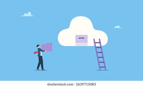 Businessman carry big file folder to be archived. Archive document file storage folder, backup important file directory or information, paperwork discovery or online compression or protection