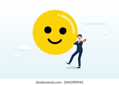 Businessman carry big happy smile face, job satisfaction, employee happiness or optimistic attitude, cheerful morality or endorphins for positive thinking, feel good, emotional intelligence (Vector)
