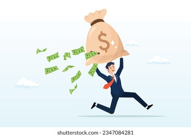 Businessman carry big money bag with big hole banknotes falling out, lose money from investment mistake, tax or expense, mutual fund cost or financial problem, unknown cost drain out money (Vector)