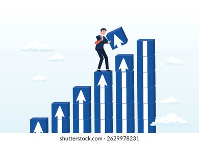 Empresário carregar caixa com seta para empilhar como escada para o sucesso, crescimento de negócios, melhoria de carreira ou investimento ganho lucro, desenvolvimento pessoal, negócio em crescimento ou liderança esforço conceito