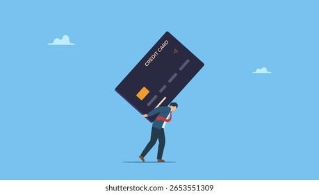 Empresário carregar débito de cartão de crédito ou pagamento de empréstimo. Simboliza dívida de cartão de crédito, problema financeiro, empréstimo ou obrigação de pagar de volta, gastos excessivos ou despesas, problemas de dinheiro ou desespero.