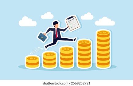 A businessman carry a to do list board runs and jumps over a stack of dollar coins form a chart, illustration of impressive progress in increase revenue along with complete business projects