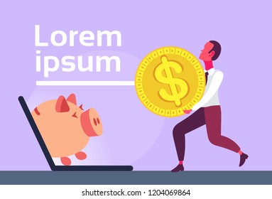 businessman carry dollar coin laptop screen piggy bank online money savings concept flat cash investment horizontal copy space vector illustration