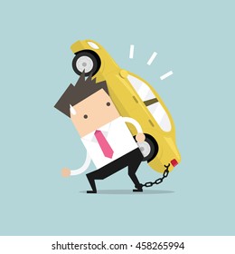 Businessman carry his car debt with chained on ankle. Financial concept vector.