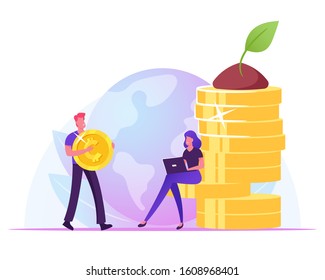 Businessman Carry Huge Golden Coin, Businesswoman Working on Laptop Sitting at Money Pile with Green Plant Growing on Top. Eco Business Corporate Social Responsibility. Flat Vector Illustration