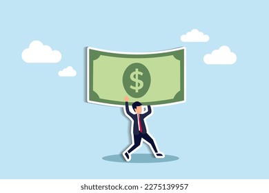 businessman carry money dollar banknote metaphor of capital, salary or income, wages to pay and purchase value, banking and investment, tax, economic and inflation concept. Paper Cut Style