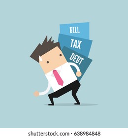 Businessman carry pile of debt, tax and bill. vector
