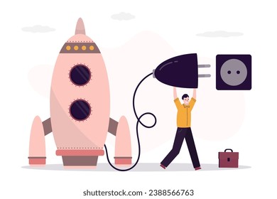 Businessman carry plug and connect spaceship with socket. Preparing to launch new project. Concept of boosting potential, personal development and growth, startup launch. flat vector illustration