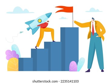 Empresario lleva el cohete hacia arriba, ilustración vectorial, pequeño hombre de piso quemado escaleras de escalada para el logro del objetivo, enorme jefe sostiene la bandera