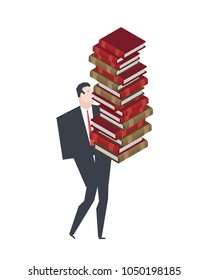 Businessman carry stack of books. Boss and lot of book. Vector illustration