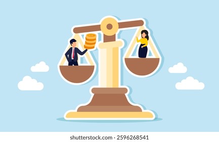 Businessman carry a stack of coins stands on side of the scales of justice, while a businesswoman on another, illustration of preference in select investors with strong financial