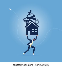 Businessman carry with a lot of stuff on his shoulder, representing to paying house, car, including supporting family etc.